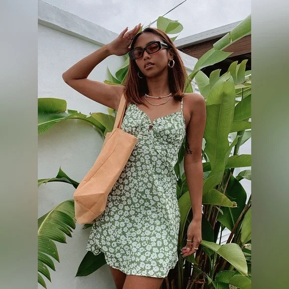 princess polly green floral dress Fluorescents Halter Mini Dress | Green | Womens main image 1